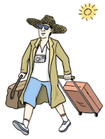 Zeichnung eines Mannes mit Hut, Sonnenbrille und Koffer.