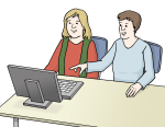 Zwei Personen sitzen an einem Computer (Zeichnung).