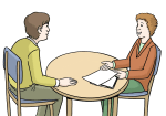 Grafik: Zwei Menschen sitzen an einem Tisch und unterhalten sich.