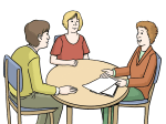Grafik: Drei Menschen sitzen an einem Tisch und unterhalten sich.