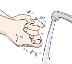 Zeichnung von Händen, die gerade unter einem Wasserhahn gewaschen werden.