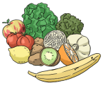 Zeichnung von Obst und Gemüse auf einem Haufen.
