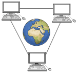 Grafik: Zeichnung von drei Computern, die miteinander verbunden sind. In ihrer Mitte ist eine Weltkugel.