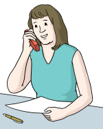 Grafik: Zeichnung einer Frau, die an einem Tisch telefoniert.