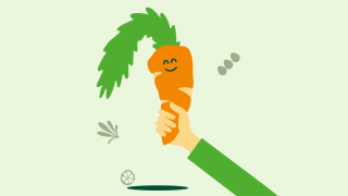 Illustration einer Hand, die eine Möhre in die Luft hält aus der App "Zu gut für die Tonne!"