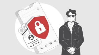 Die Grafik zeigt eine Illustration, die das Thema "Schutz von Online-Konten vor Hacking-Angriffen" darstellt. Sie besteht aus zwei Hauptteilen. Links ein großes Smartphone mit einem roten Schild und einem weißen Schloss-Symbol, das für Sicherheit steht. Links sind Symbole für verschiedene Sicherheitsmethoden wie Fingerabdruck, Passwort und Kommunikationstools zu sehen.     Rechts steht eine Figur, die wie ein Sicherheitsagent aussieht, mit Sonnenbrille und Ohrhörer, was Wachsamkeit und Schutz symbolisiert.