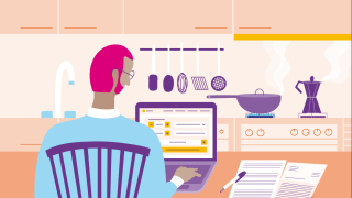 Menschliche Figur am PC sucht Vertrag aus