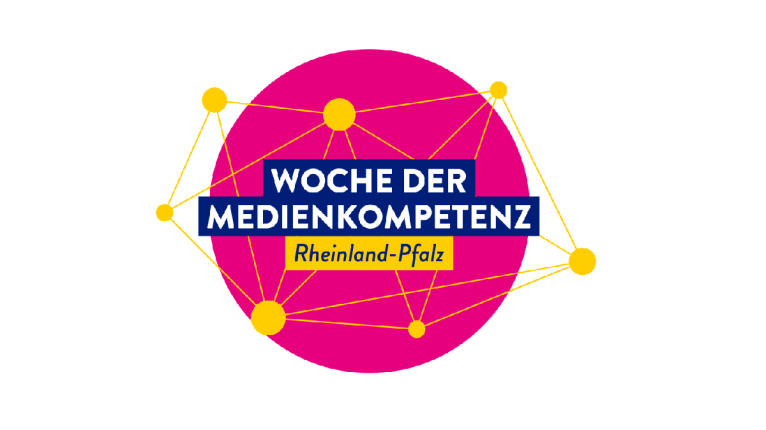 Ein Logo der Woche der Medienkompetenz 2023: ein rosafarbener Kreis ind er Mitte, umgeben von einem gelben Netzt mit gelben Kreisen.