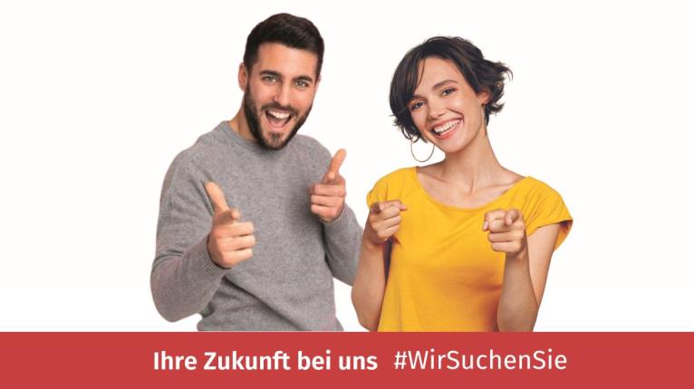 Zwei Personen Mann und Frau im weißem Hintergrund mit einen Hinweis Wir suchen Sie