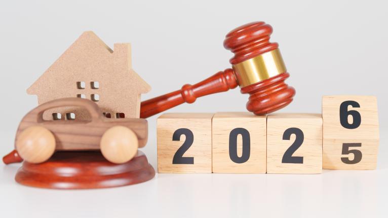 Holzspielzeug mit Aufschrift "2026" sowie ein Holzhaus, ein Holzauto und ein Gerichtshammer