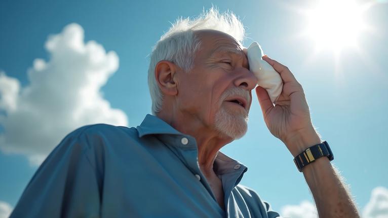 Ein Mann steht im hellen Sonnenlicht, er schützt seine Augen mit einem Tuch gegen die Sonne und wirkt durch die starke Hitze und Sonneneinstrahlung erschöpft – symbolisch für hohe Temperaturen und Klimabelastung.